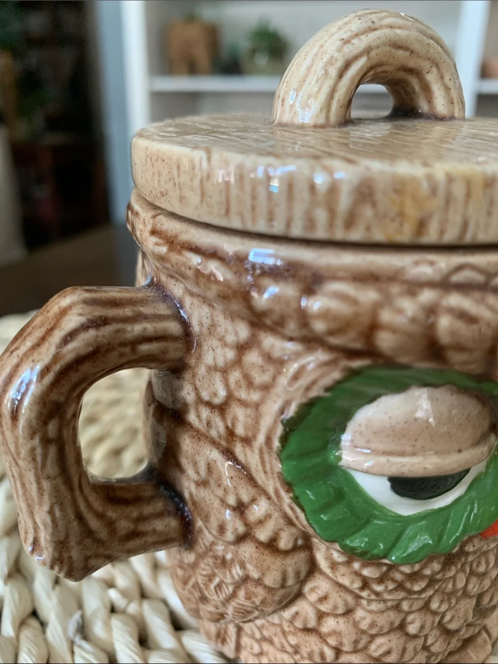Vintage 70’s Ceramic Double Handled, 2 Sided Sleepy Owl Mug with Lid, 10 oz cup.